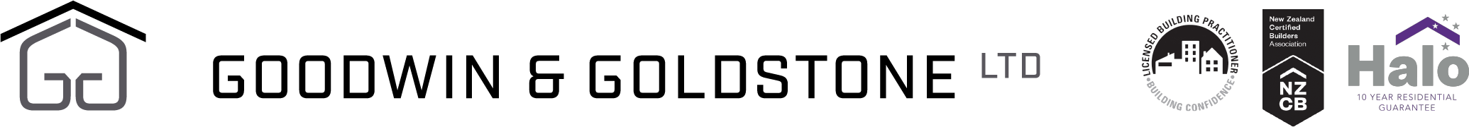 Goodwin & Goldstone logo with Licensed Building Practitioners, New Zealand Certified Builders Association, and Halo 10 Year Residential Guarantee certifications