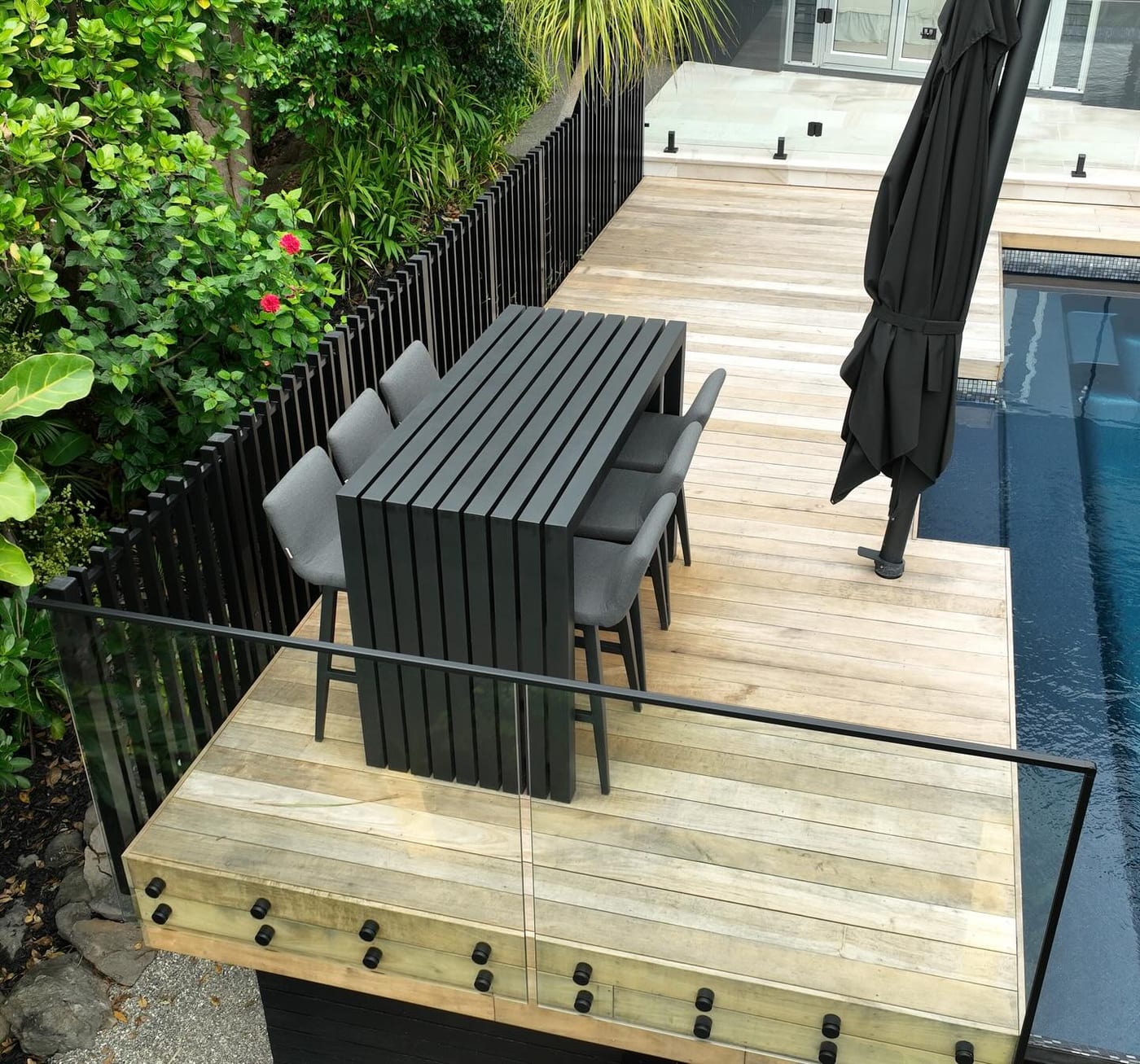 Finished outdoor oasis with pool and decking